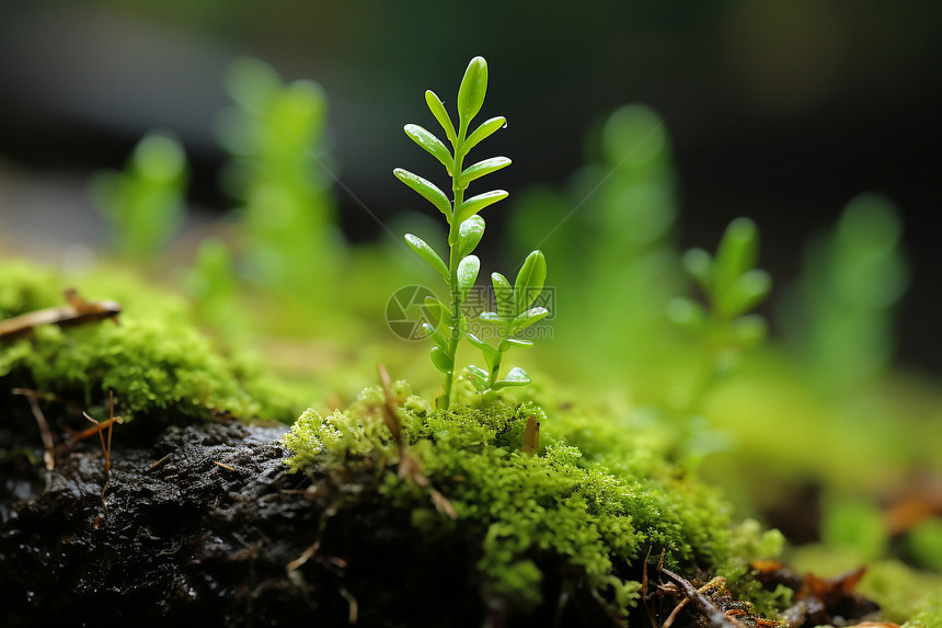 植物幼苗生长在苔藓地上图片