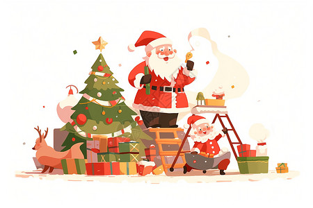 圣诞老人装饰巨大的圣诞树背景图片