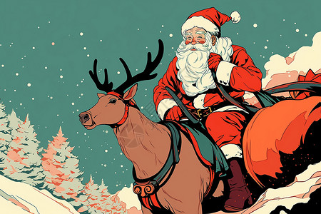 圣诞老人驯鹿圣诞老人和他的驯鹿插画