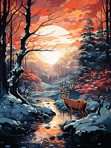 冬日林间鹿群背景图片