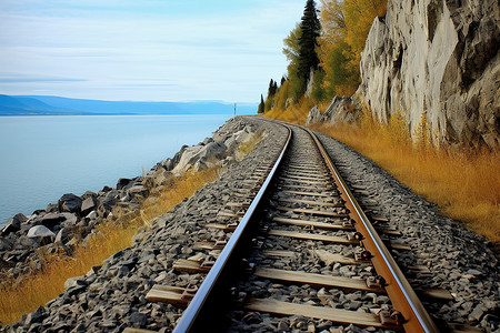 湖畔火车轨道背景图片