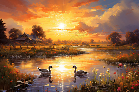 秋天湖畔的鹅背景图片