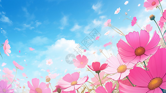 蓝天碧云美丽的粉色花海插画
