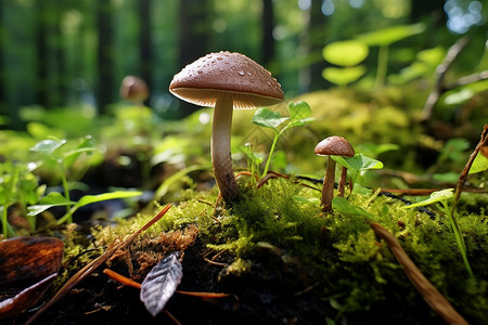 苔藓中的野生蘑菇背景图片