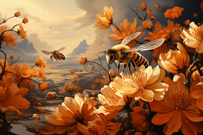蜜蜂采花粉油画插图图片