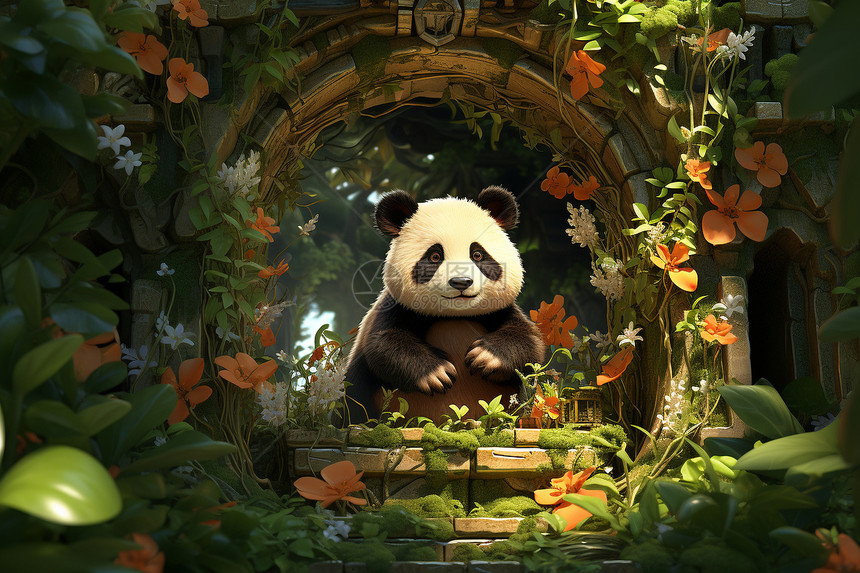 梦幻丛林中的卡通熊猫插图图片