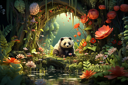 体素熊猫与自然共融的卡通插图背景图片