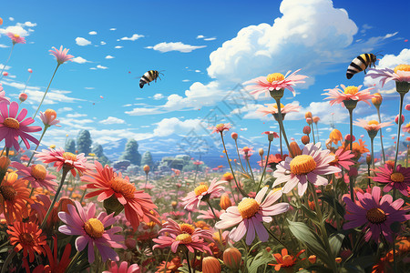 蜜蜂采油菜花粉蓝天白云下蜜蜂忙碌的花海插画