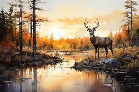 宁静湖泊的麋鹿背景图片