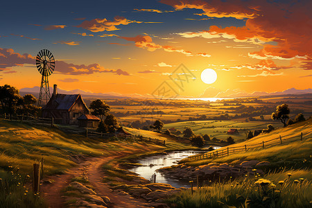 夕阳余晖下的田园乡村景观背景图片