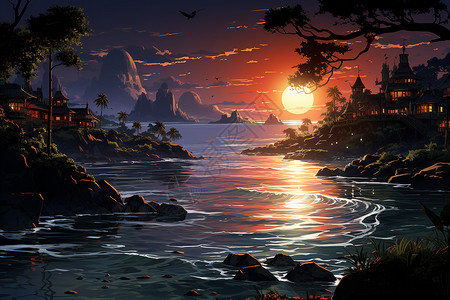 夜幕下的海滨小镇油画插图背景图片