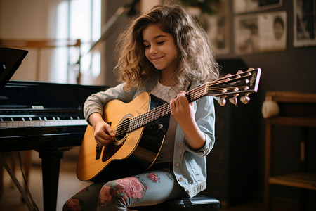 吉他室内素材小女孩弹吉他背景