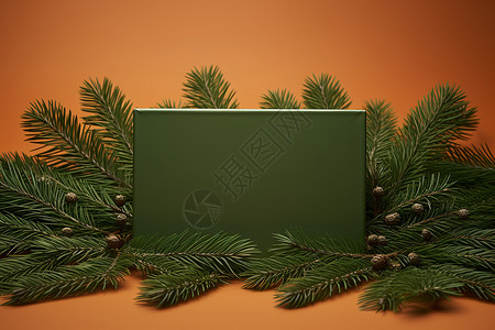 松枝间的绿色盒子背景图片