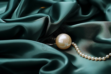 绿丝绸上的珍珠背景图片