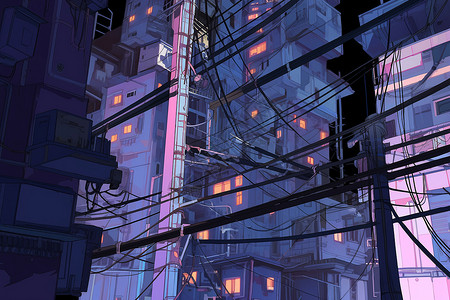 楼宇规划城市楼宇间的电线插画
