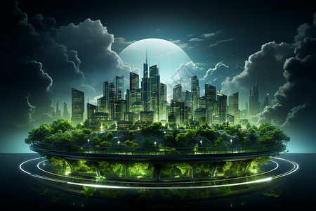 城市岛夜幕中的漂浮岛城市设计图片