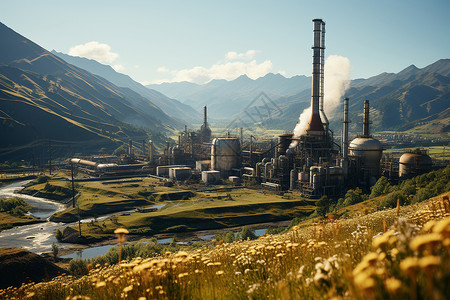 山谷里的地热发电厂背景图片