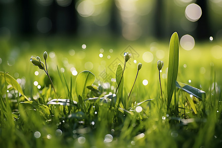 清晨的微雨洒下草地背景图片