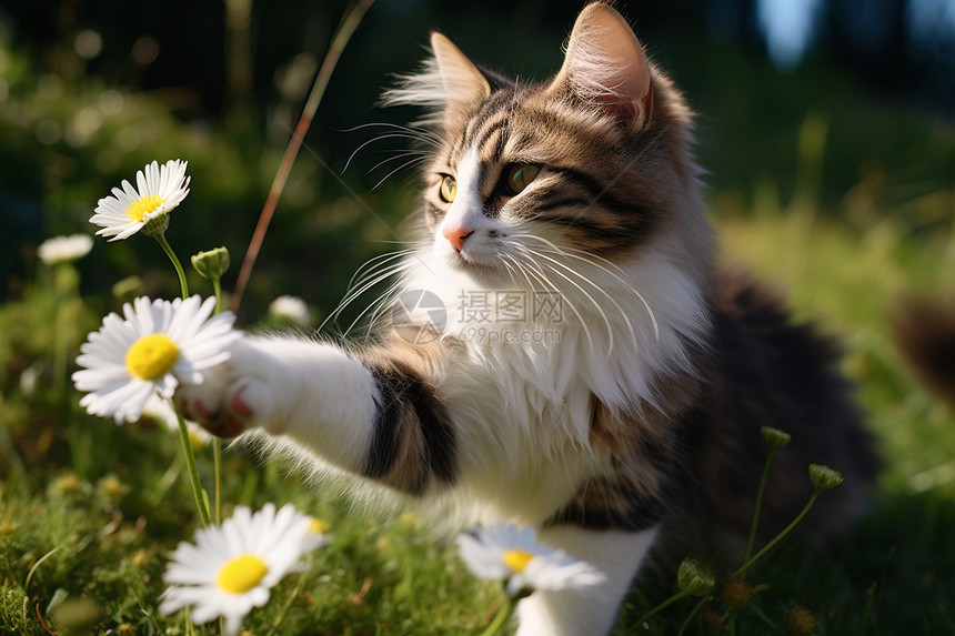 一只猫玩弄着几朵雏菊图片