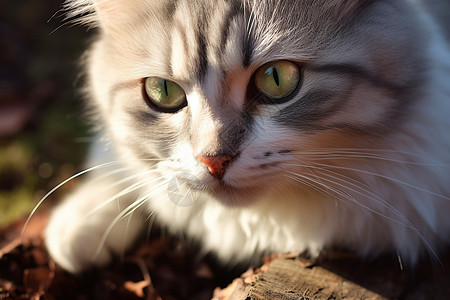 猫开心原木上注视着镜头的一只猫背景