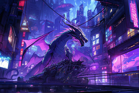 夜幕城市中的巨龙插图背景图片