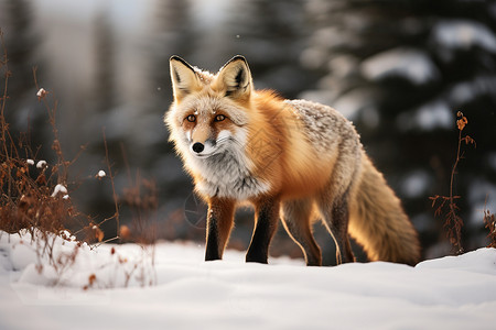 黄昏雪地里狐狸背景图片