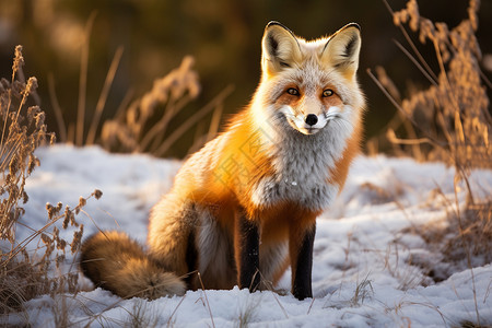 坐在灌木丛里的狐狸背景图片