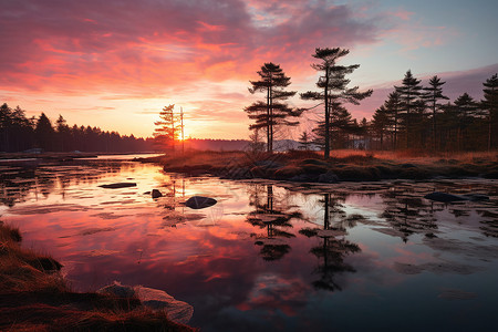湖边夕阳映红山水背景图片