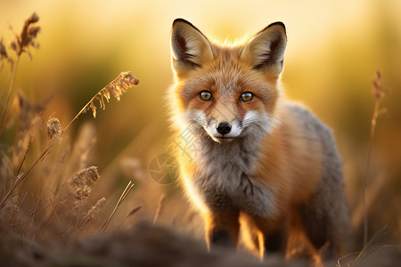 夕阳下红狐狸在草地上凝望镜头高清图片
