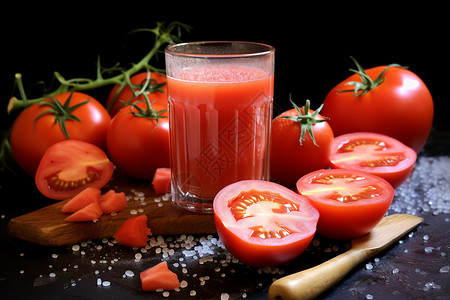 清凉夏日番茄汁与新鲜番茄背景图片