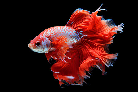 半月红斗鱼一只红白色金鱼在水族箱中游动背景