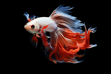 半月红斗鱼一条游动的红尾巴的鱼背景