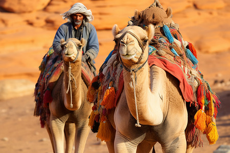 沙漠中骑骆驼的人背景图片