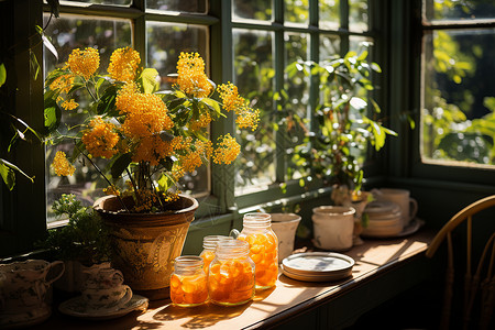窗户美景窗台上的植物美景背景