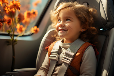 儿童汽车座椅阳光和孩子的笑容背景