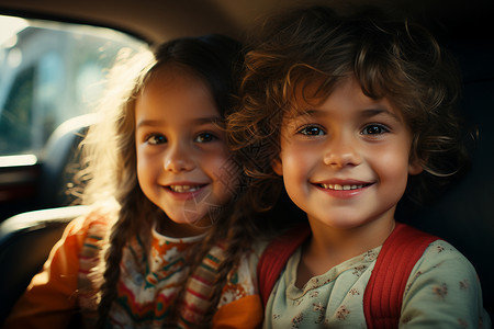 儿童汽车座椅两个开心的孩子背景
