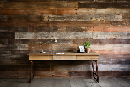 木制墙壁下的桌子背景图片