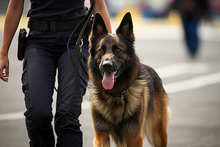 加班警察街道上威武的警犬背景