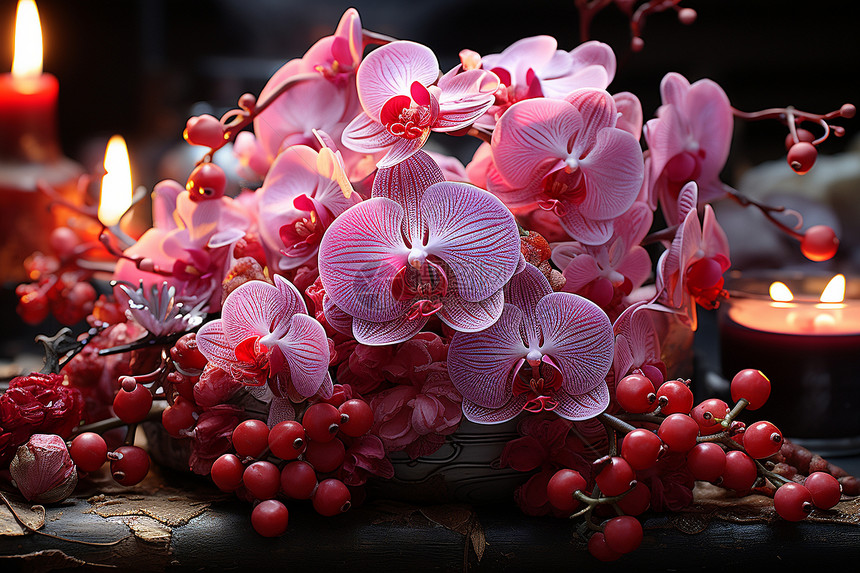 桌子上的兰花和浆果图片