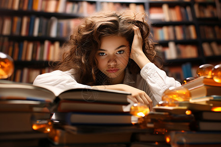 图书馆中感到压力的年轻女子背景图片