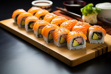 美味的日式三文鱼寿司背景图片