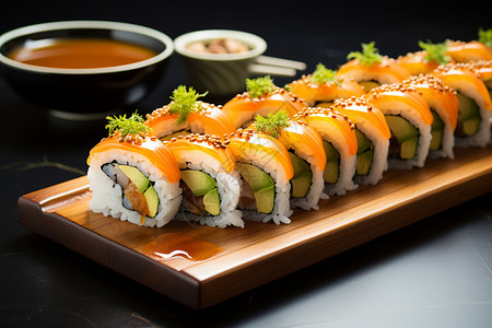 精致摆盘的日式三文鱼寿司背景图片