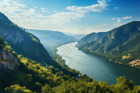 夏季山川河流的美丽景观背景图片