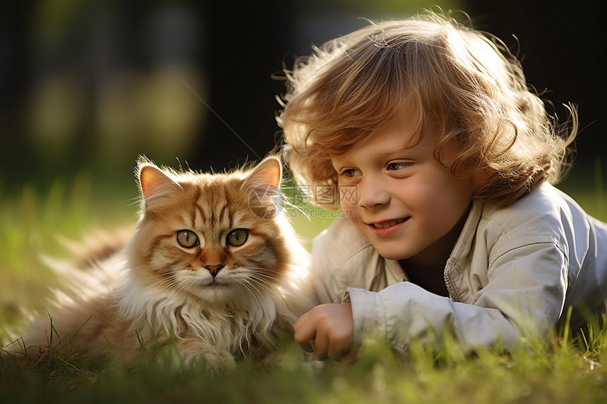 男孩和猫咪在草地上玩耍图片
