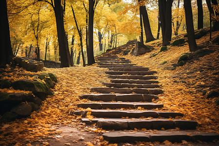 秋天山林中的阶梯背景图片