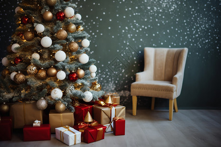 红色礼物下的圣诞树背景图片