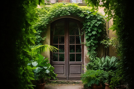 户外门廊上的绿色植物背景图片
