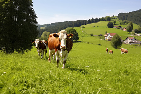 牧场上行走的奶牛背景图片