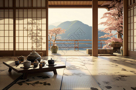 山脉中雅致的茶馆背景图片