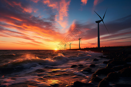 日落中的风力发电机背景图片
